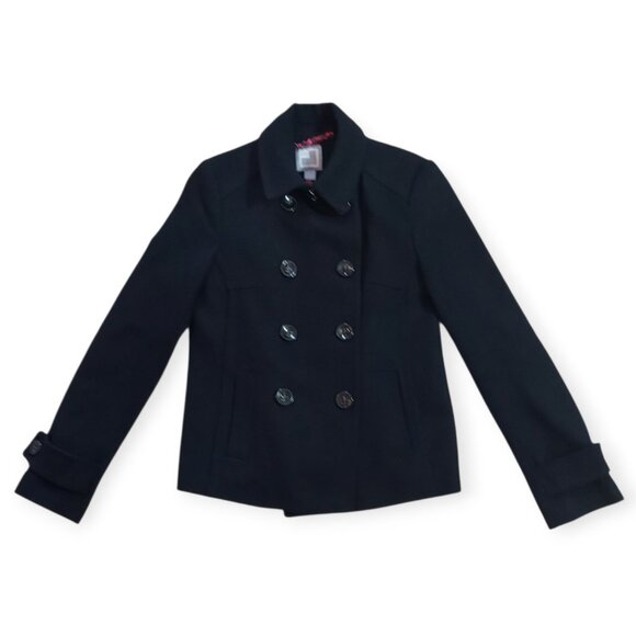 Share JCP Black Pea Coat Timeless Long Sleeve Collared Double Breast Pockets Lin - Picture 1 of 6